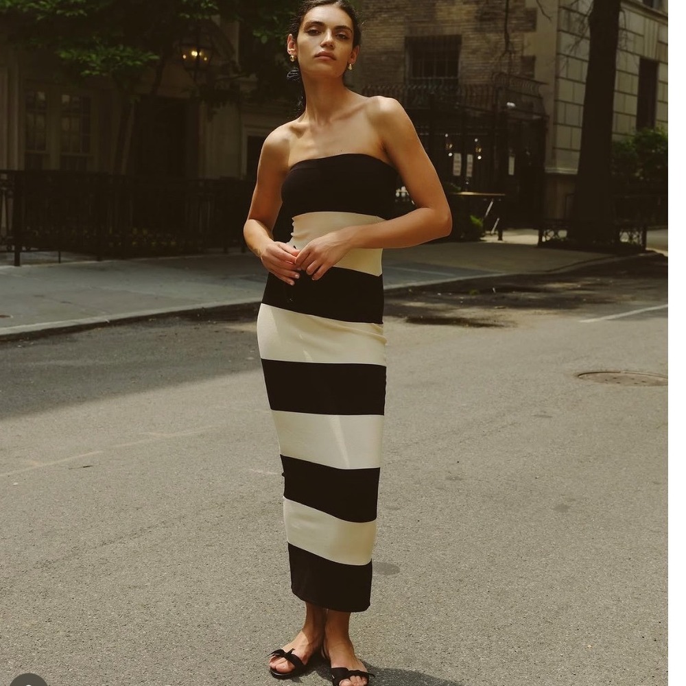 Posse Theo Strapless Dress Black Bone Striped Knit Maxi Size Medium